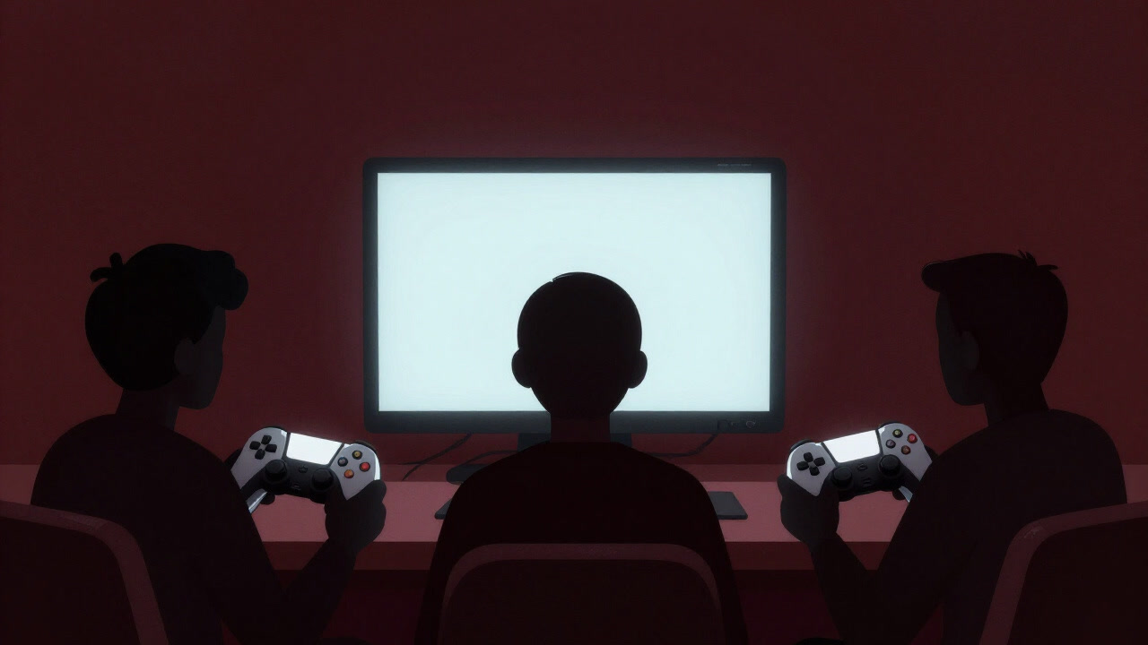 Silhouettes of people holding controllers engrossed in screens for hours
