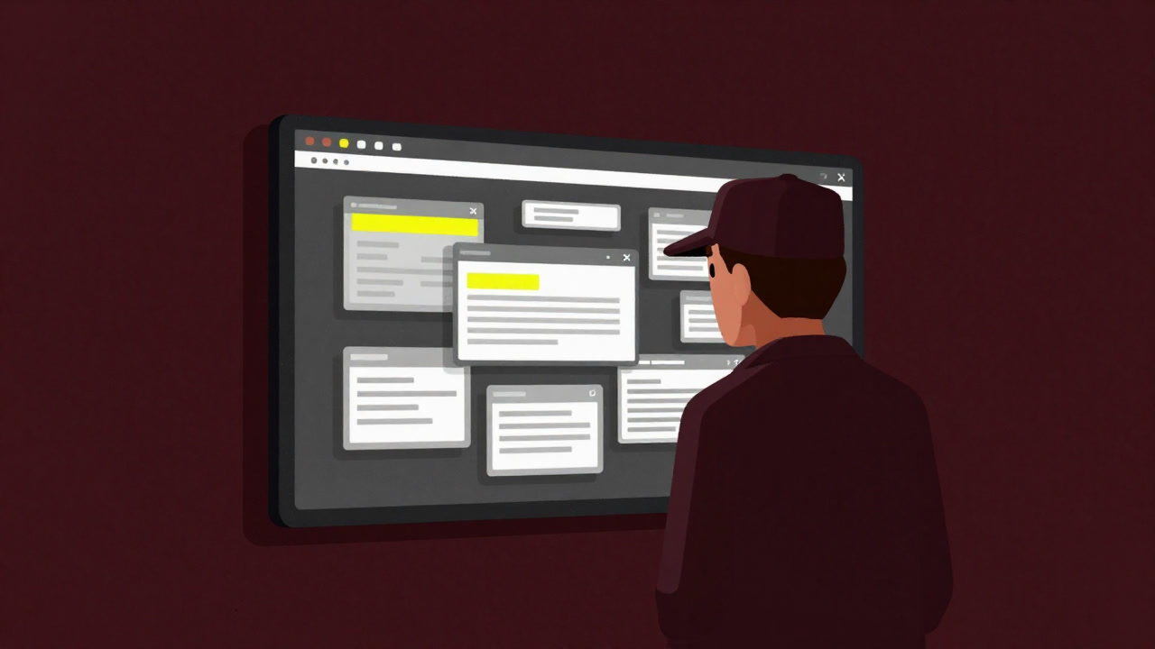 Illustration of a detective-like user searching for intentionally hidden links among scattered on-screen elements