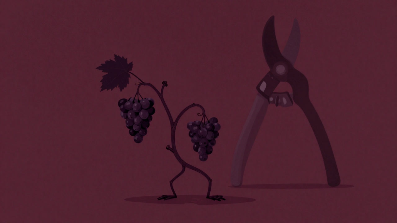 Illustration of a vine desperately trying to bear fruit while fearing a pruning shear