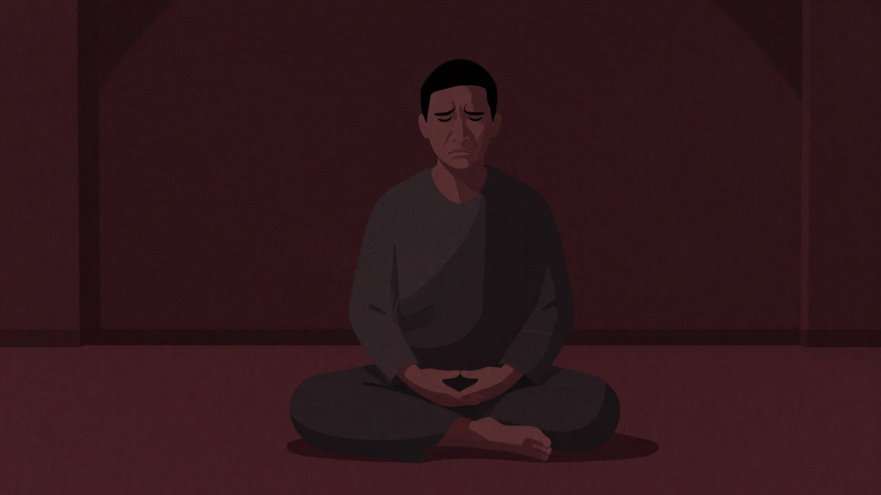 薄暗い座禅ホールの中央に、悶絶する面持ちで足を組む人物のシルエット