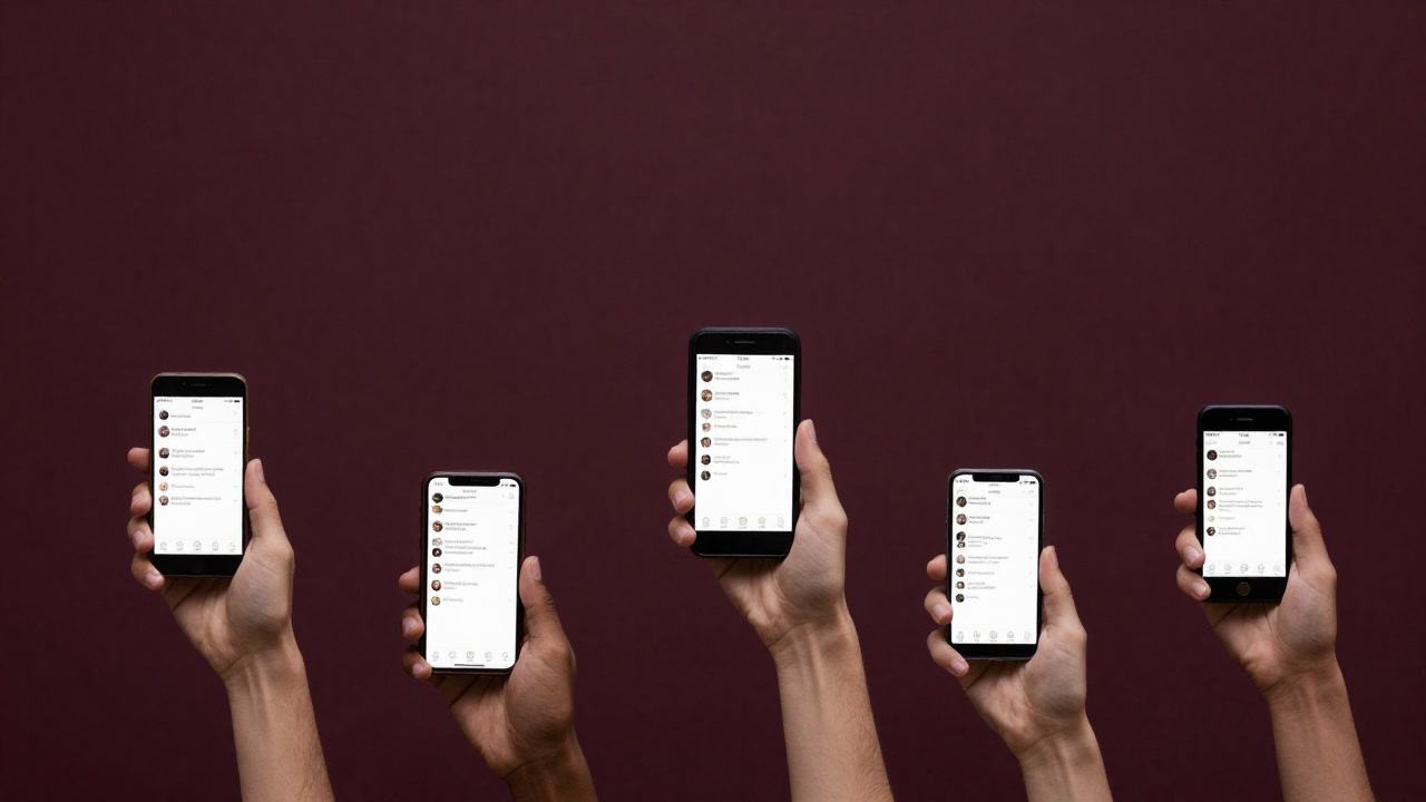 Photo of many people holding up smartphones, each displaying the same post on screen