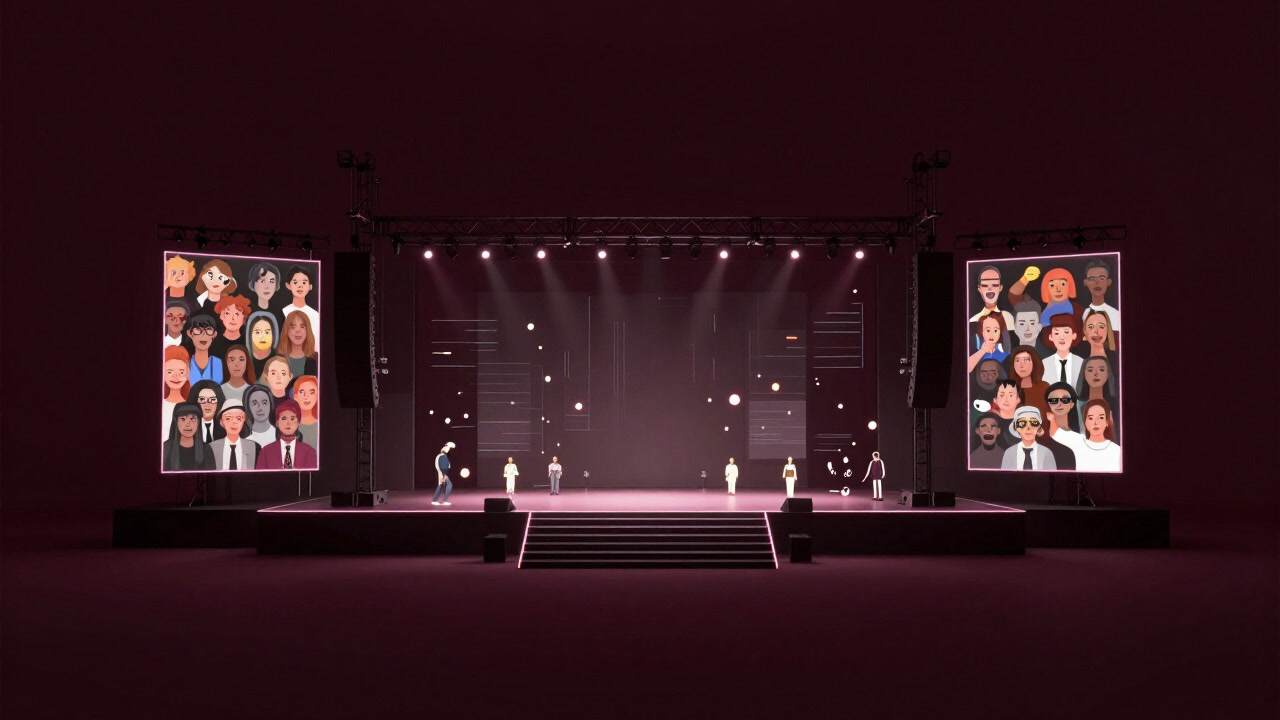 仮想空間に浮かぶステージ中央で、無数のアバターが拍手の代わりにエモートを放つ様子