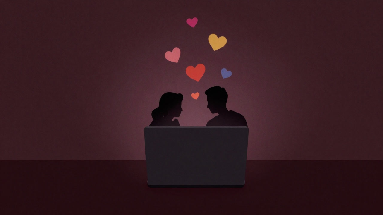 Silhouette of a man and a woman leaning on a laptop screen with hearts floating around the screen characters