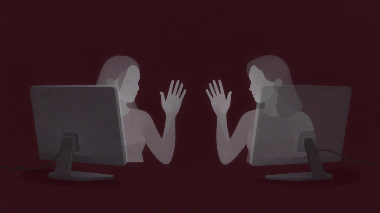 二つのコンピュータ画面越しに、画面を通じて手を振る二つのキャラクターがぼんやりと浮かぶイラスト