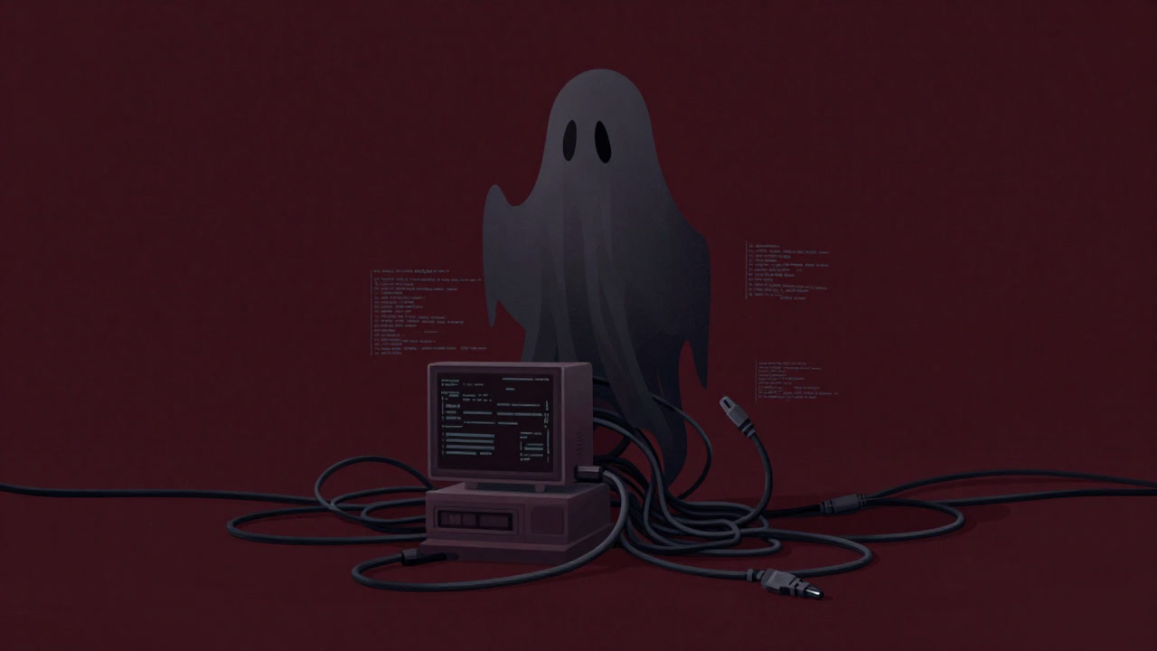 Illustration of a ghostly VM submerged in a sea of cables and code