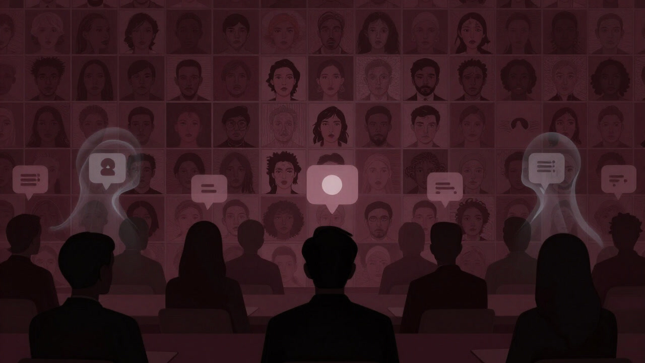 不気味に並ぶ顔のタイルと浮かぶ通知アイコン群を背後に、遠隔で会議に参加する人々の影を描いた画像