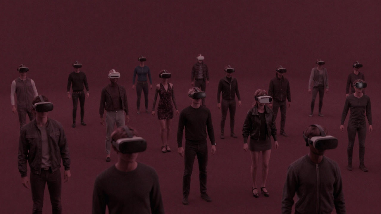 浮遊するアバターたちが集う近未来的な仮想ホールのイラスト