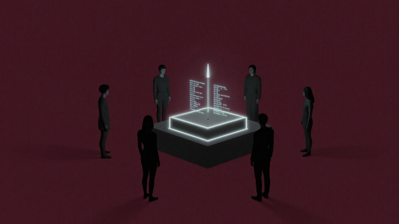 プログラムコードの浮かぶ祭壇を囲むアバター群がオンライン上で祈りを捧げるイメージ