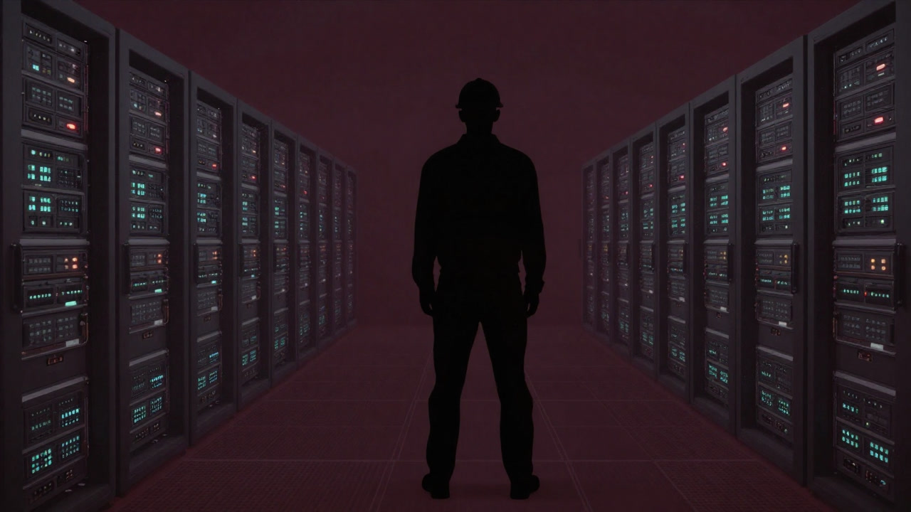 Silhouette of an engineer surrounded by countless servers, staring into the void.