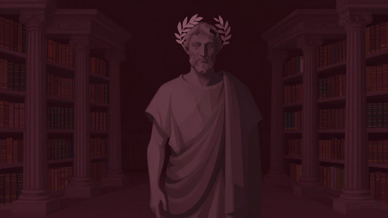 壊れた月桂冠を被り、古代図書館の前に佇む哲学者像のイラスト