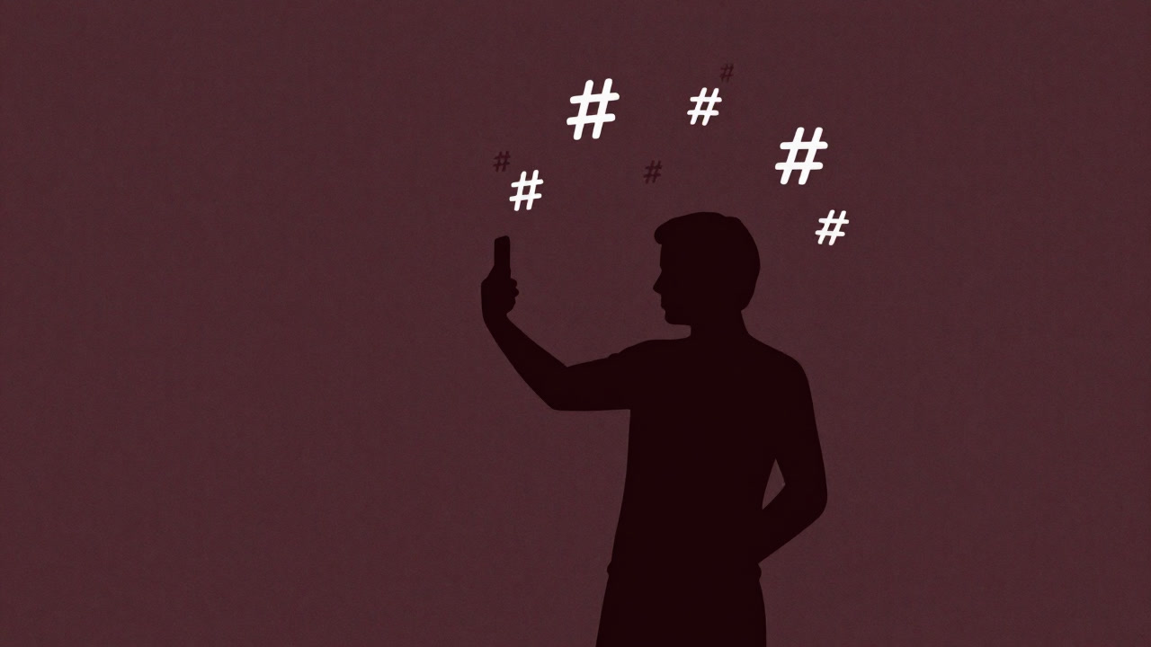 Silhouette of a person posing with a smartphone to post good deeds with hashtags