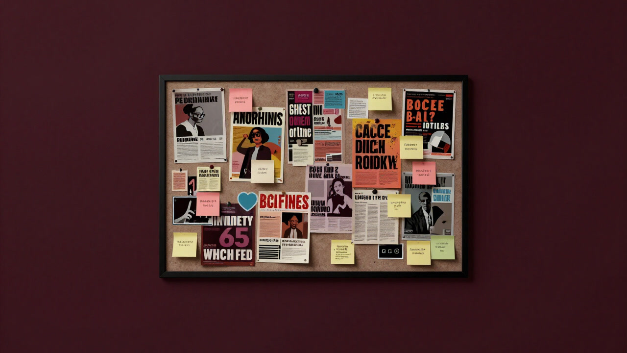 Dusty vision board cluttered with colorful magazine cutouts and stickers