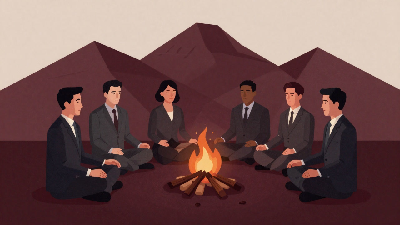 Illustration of business-suited participants meditating around a campfire with serious expressions