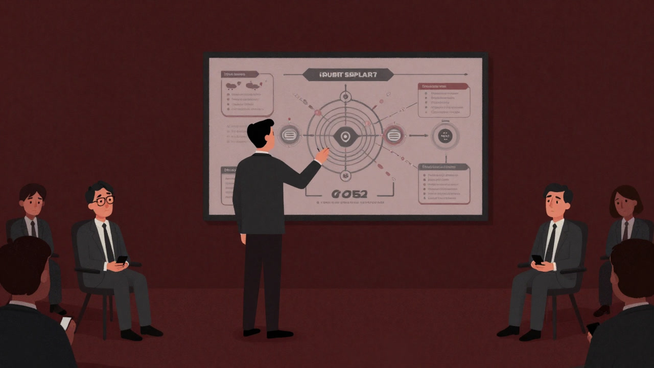 リーダーが大勢の社員に向けて未来図を掲げているが、その背後で誰も真剣に見ていない様子