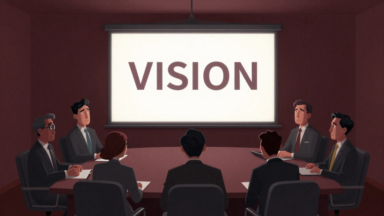 Illustration of a meeting room screen showing 'VISION' in large letters, employees gazing skeptically