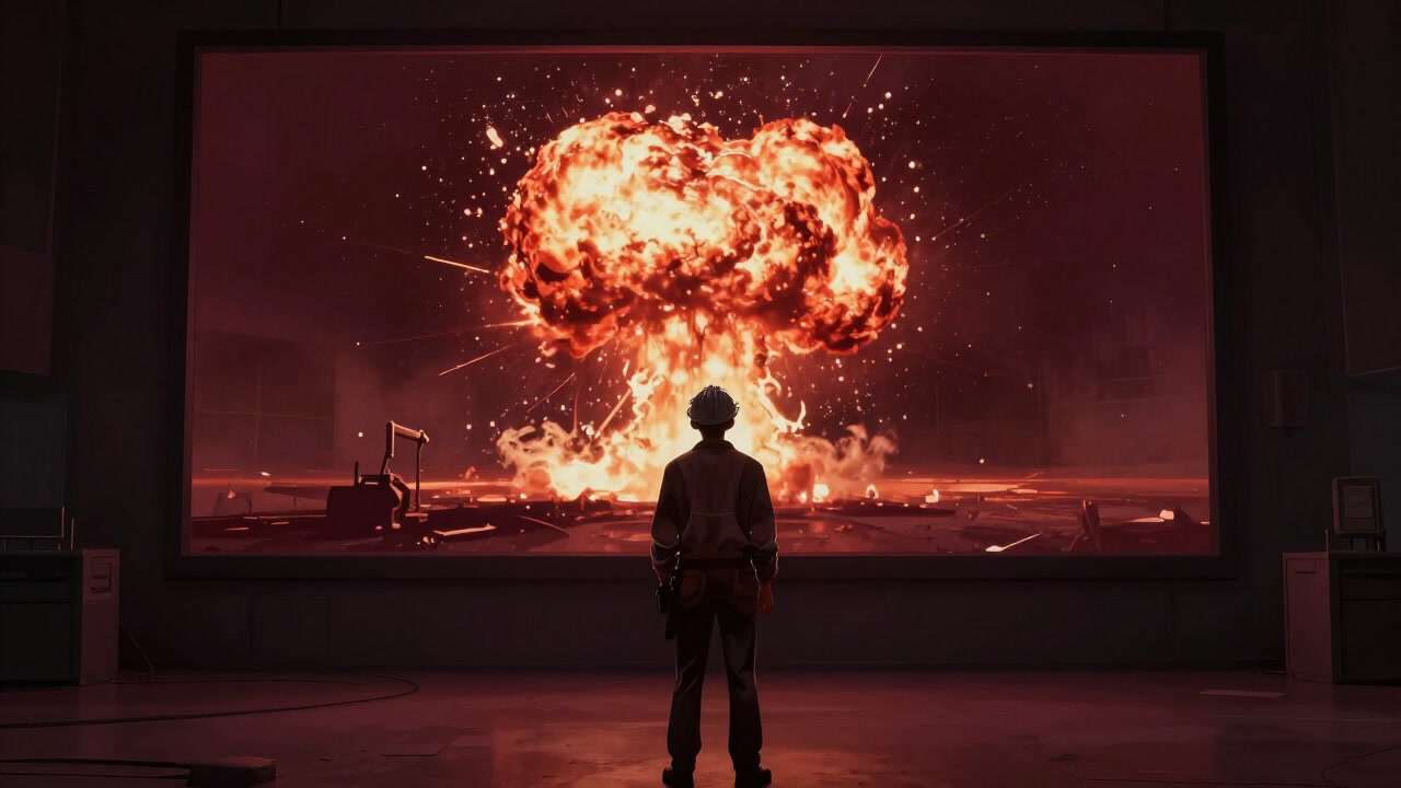 Illustration of an exhausted engineer standing blankly in front of a screen showing a massive CG explosion