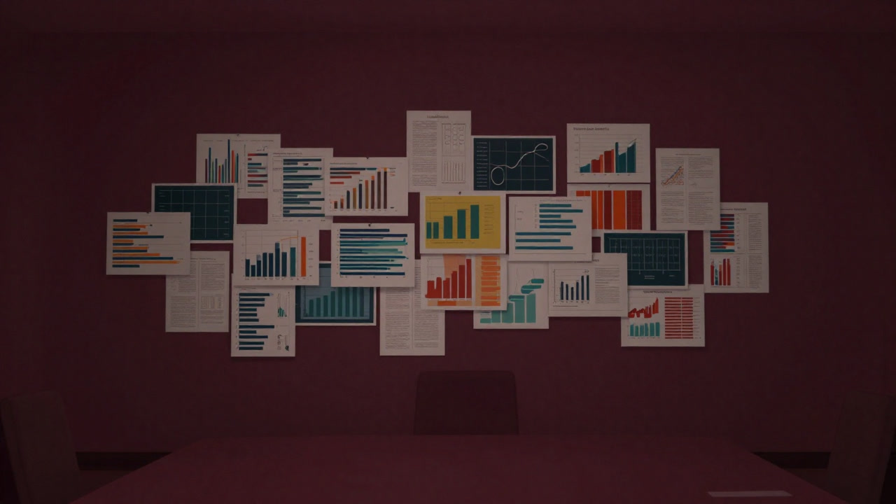 An image showing a conference room wall covered with countless graphs, each seemingly hiding the truth.