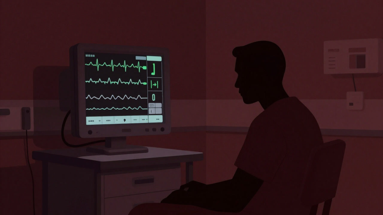 Silhouette of a tired healthcare worker watching vital sign waveforms on a monitor in a hospital room