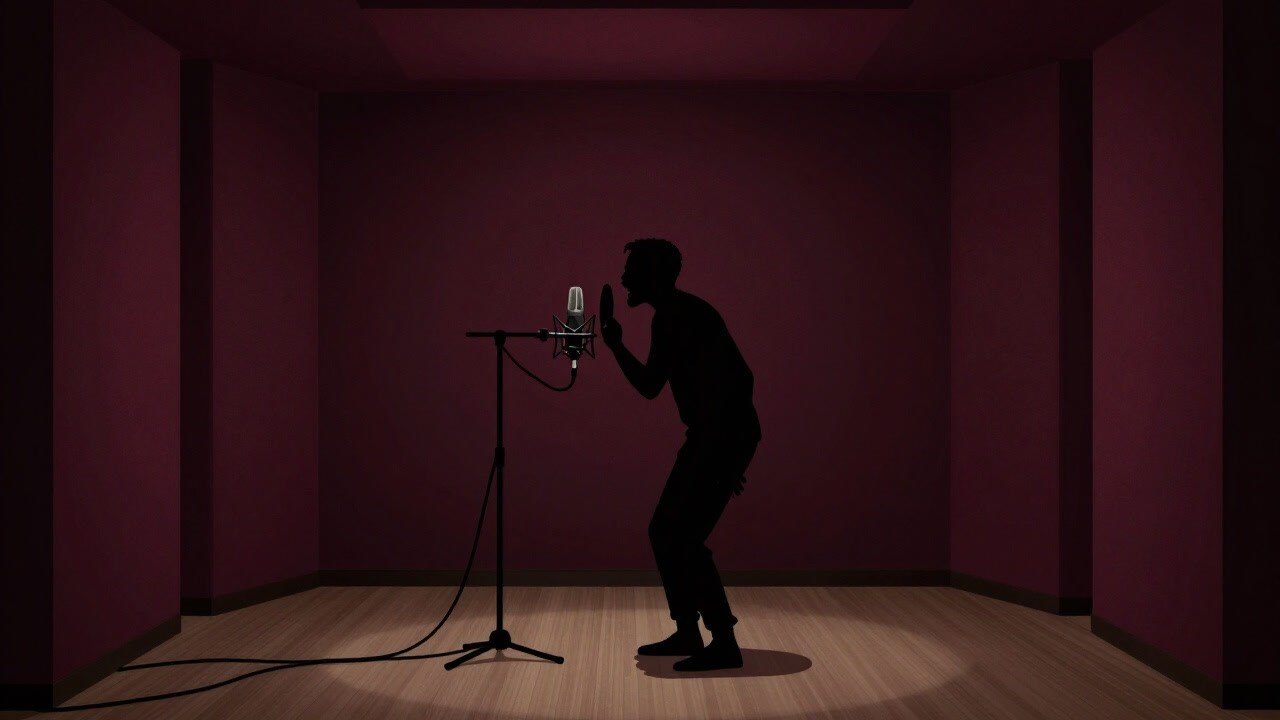 マイクの向こうで魂を削る声優のシルエット