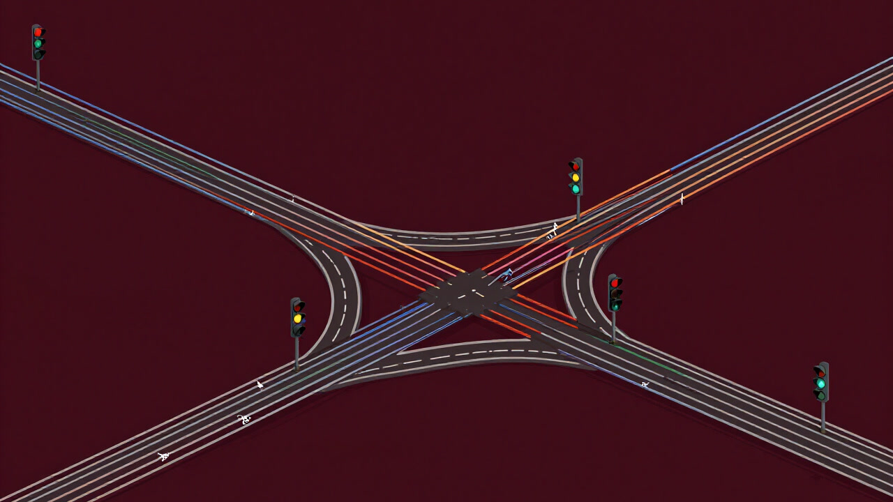 五線譜の上で複数の旋律線が複雑に交差し、渋滞する道路標識のように信号マークが点滅するイラスト