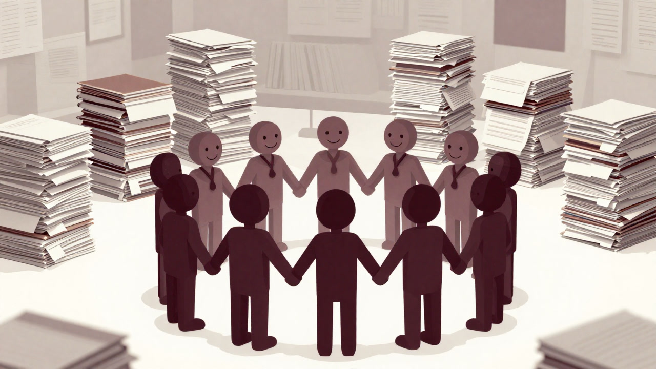 Group photo of smiling volunteer members linking hands, while a massive pile of documents and meeting papers lies scattered in the background.