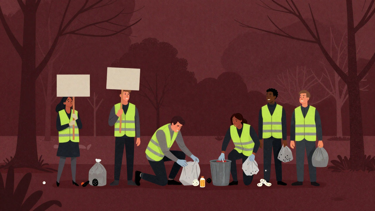Volunteers in bright vests smiling, holding signs, diligently picking up trash.