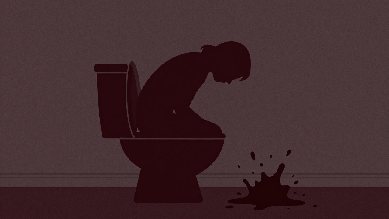 トイレを前に震える人間の影が、背景に吐き出された嘔吐物が舞うシルエット