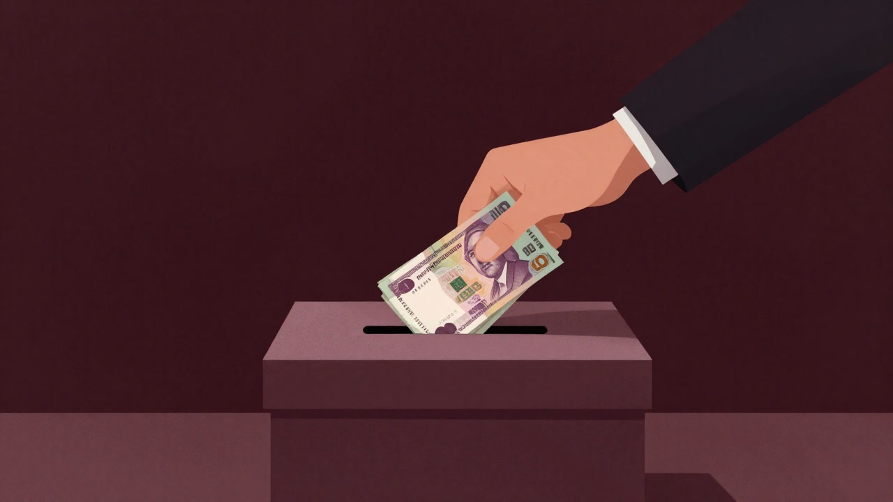 投票箱の前で札束を手渡す匿名の手の画像