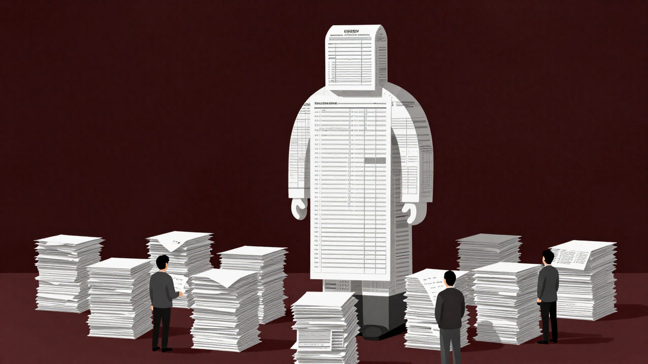 市民が山積みの書類を抱え、投票所への道を示す巨大な門番の形をした登録用紙と対峙するイラスト