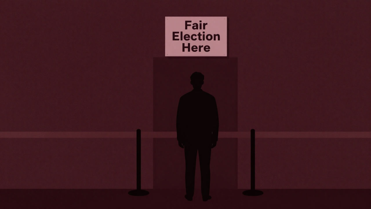 Silhouette of a voter confused in front of an invisible wall at the polling station entrance