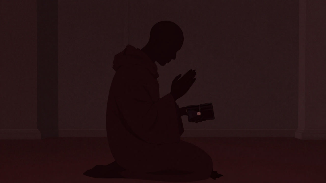 Silhouette of a person wearing tattered robes like a monk, holding an empty wallet and praying silently.