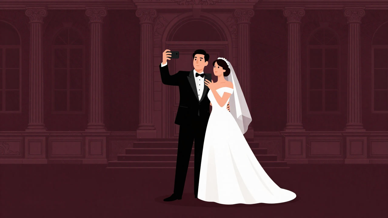 煌びやかな結婚式場の前で、誓いを新たにする夫婦がスマホで写真を撮影している光景のイラスト