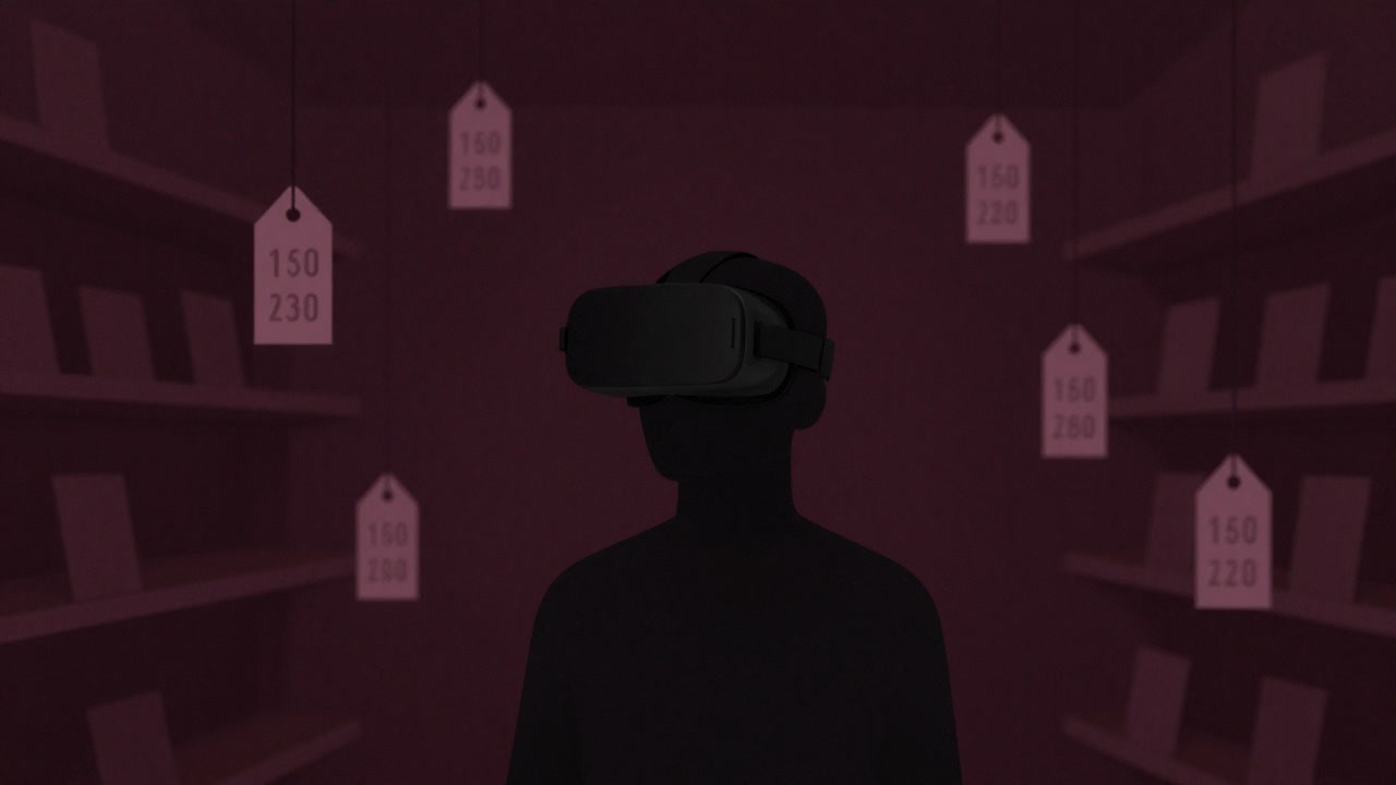 Silhouette of a user wearing VR goggles in a dim virtual store, gazing at floating price tags in their palm