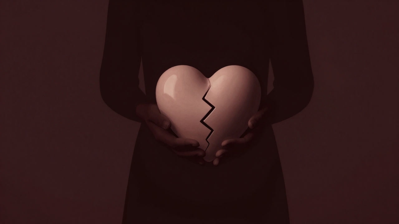 ヒビの入った陶器製のハートを両手でそっと包み込むシルエット