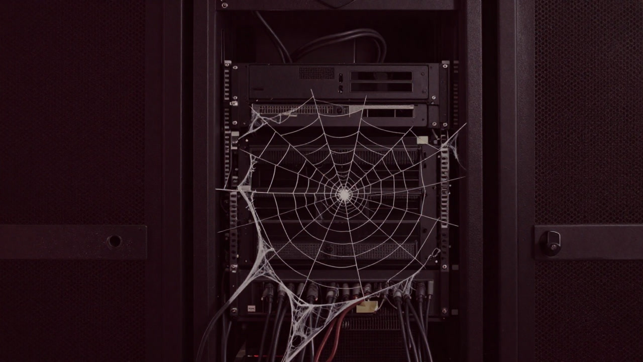 Close-up of a machine server entangled in network-like cracks resembling a spiderweb