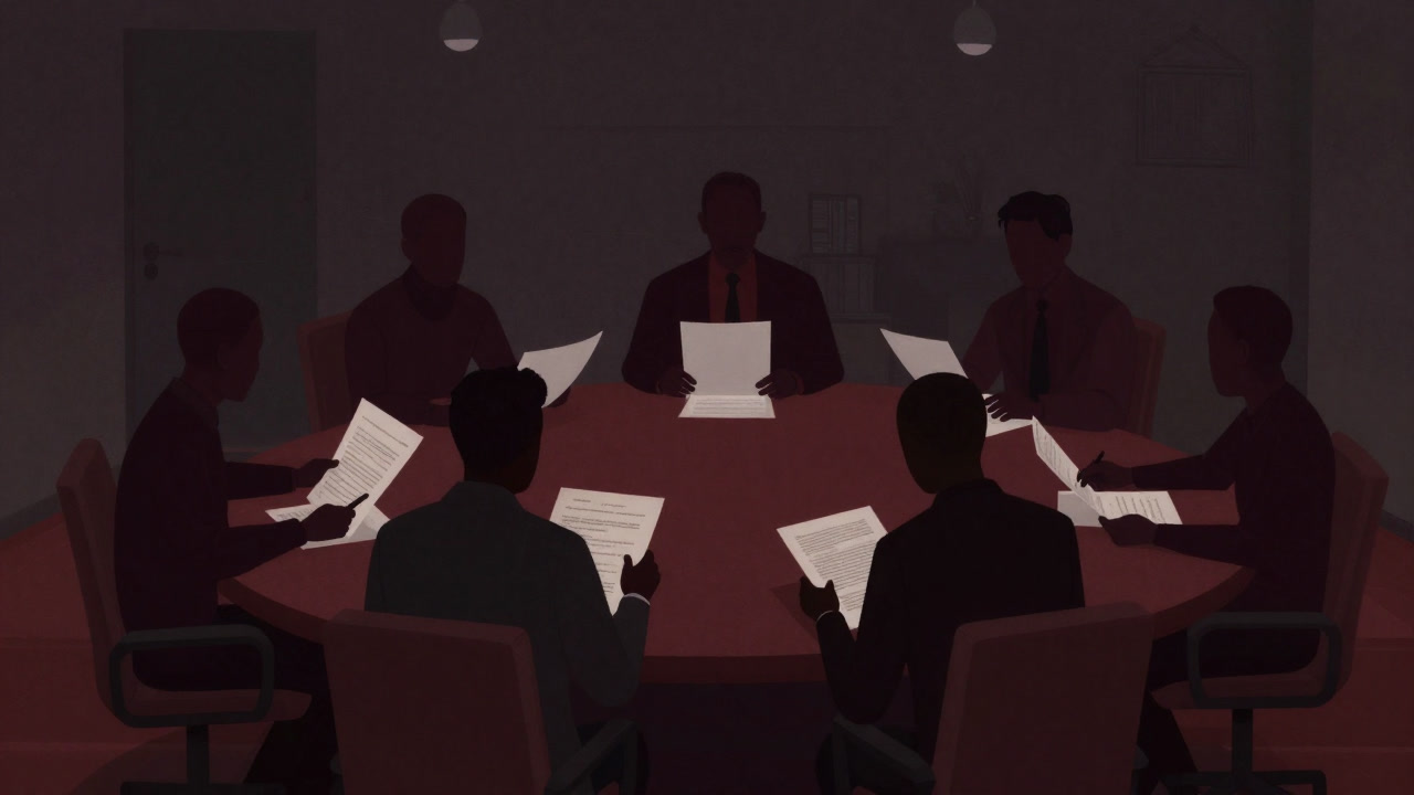 Image of anonymous committee members around a vast conference table passionately debating over piles of spec documents.