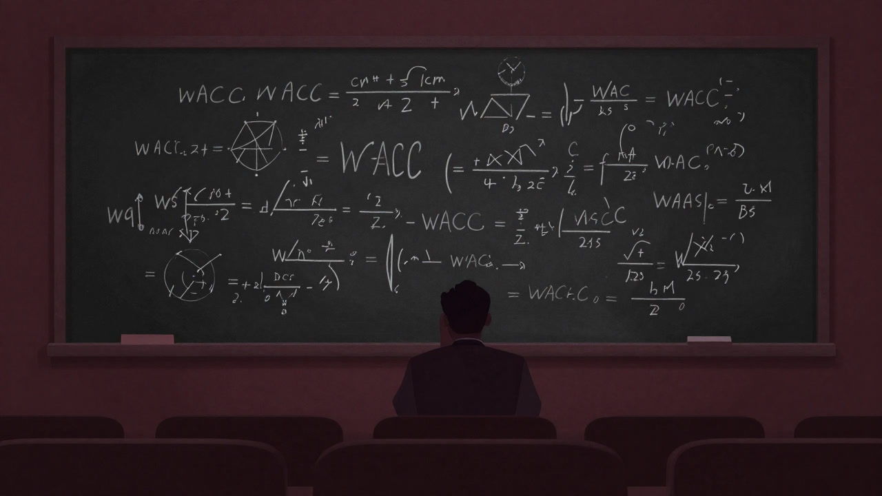 悪魔の数式として黒板に描かれたWACCの公式、その前で狼狽える経営者のシルエット