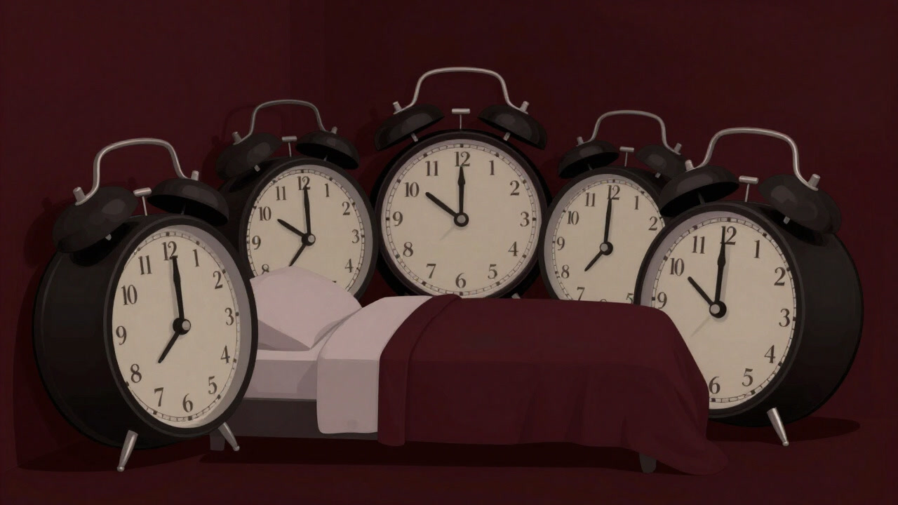 Illustration of an alarm clock surrounding a bed like a prison