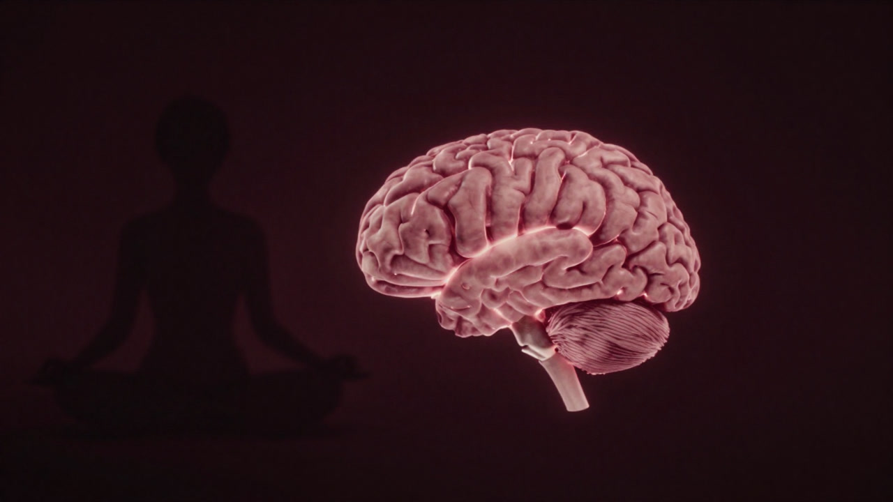 An illustration of a glowing brain with a silhouette of a person deep in meditation in the background.