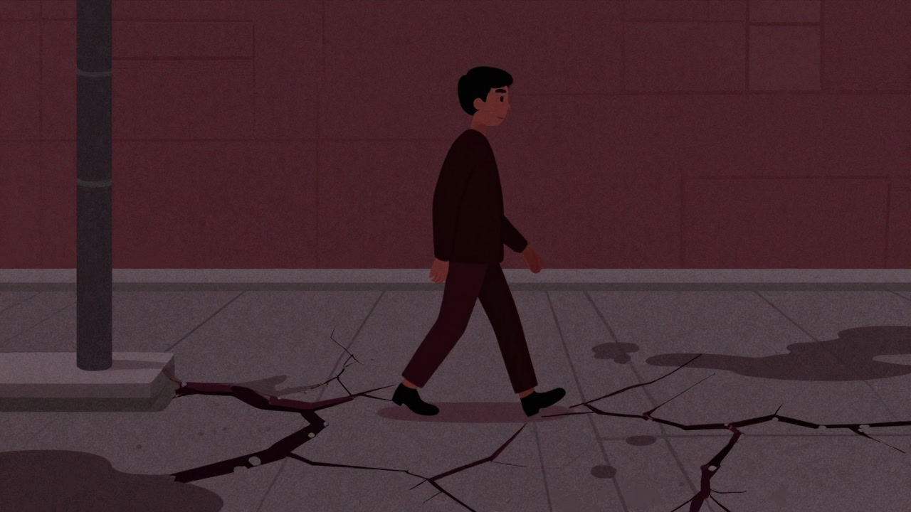 Illustration of a person about to twist their ankle on cracked pavement