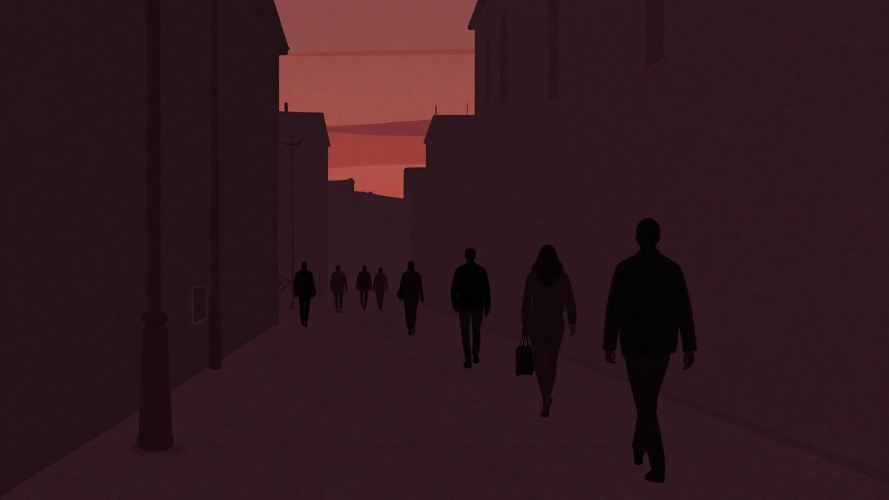 Silhouettes of people walking along a street corner bathed in sunset light