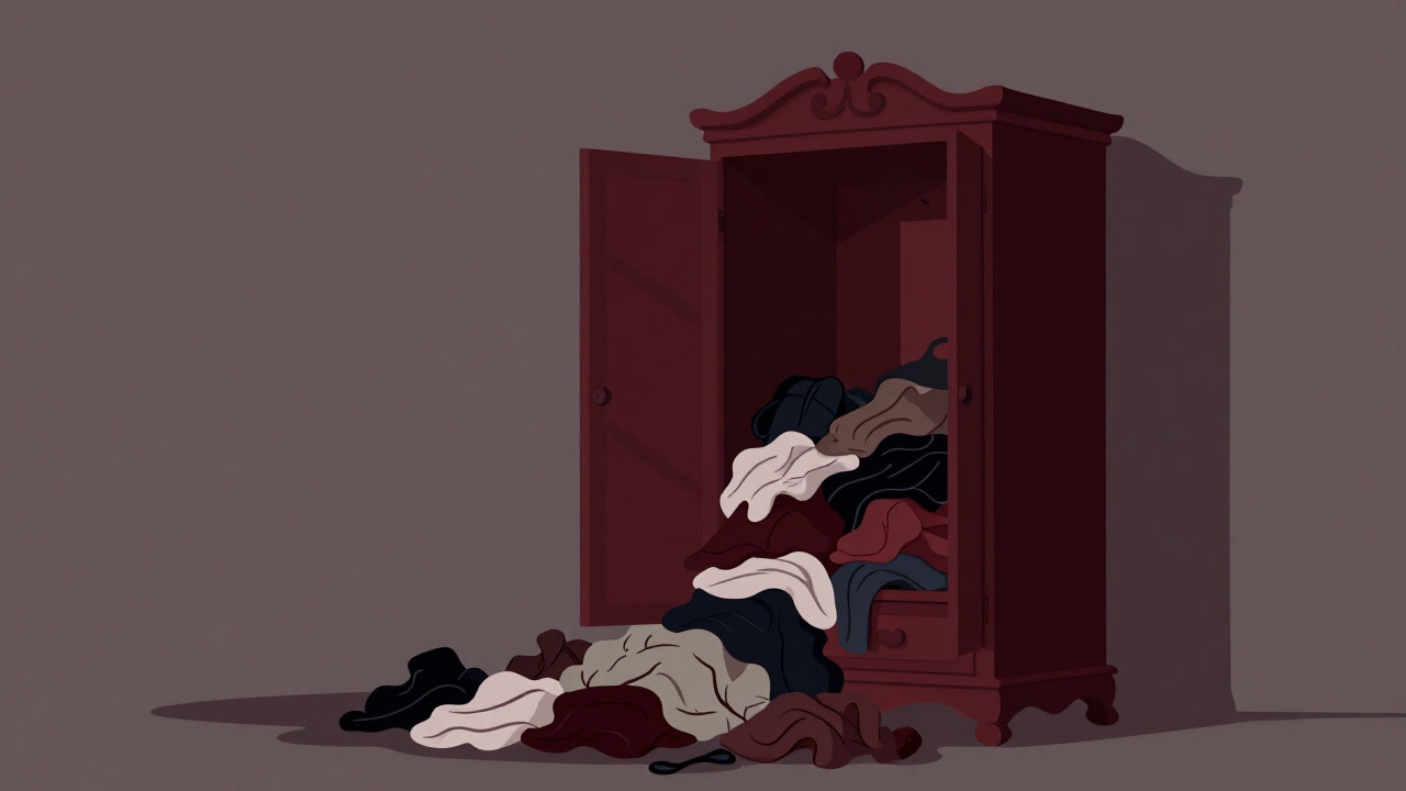 扉を開けた瞬間に自己嫌悪と未練の山があふれるワードローブのイラスト