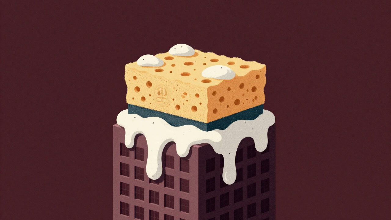 Illustration of a giant sponge covered in suds washing away corporate logos