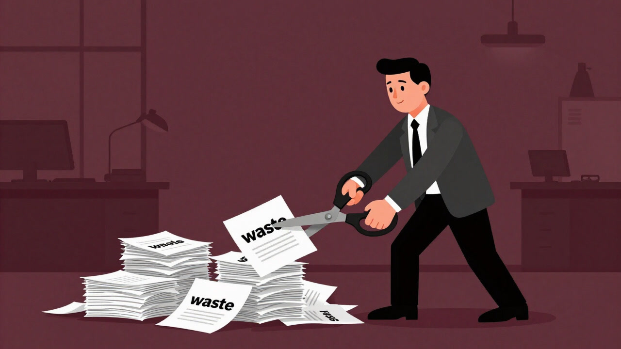 Illustration of a businessman frantically cutting stacks of paper in an office