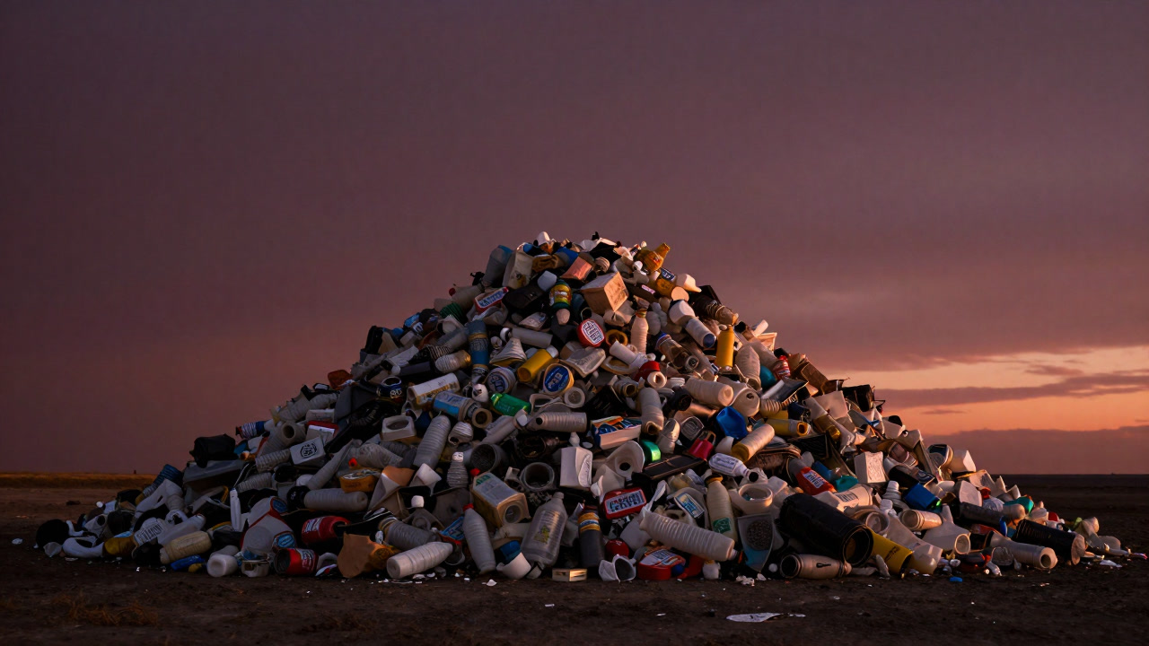 A heap of unburned plastic waste glowing forlornly in the sunset