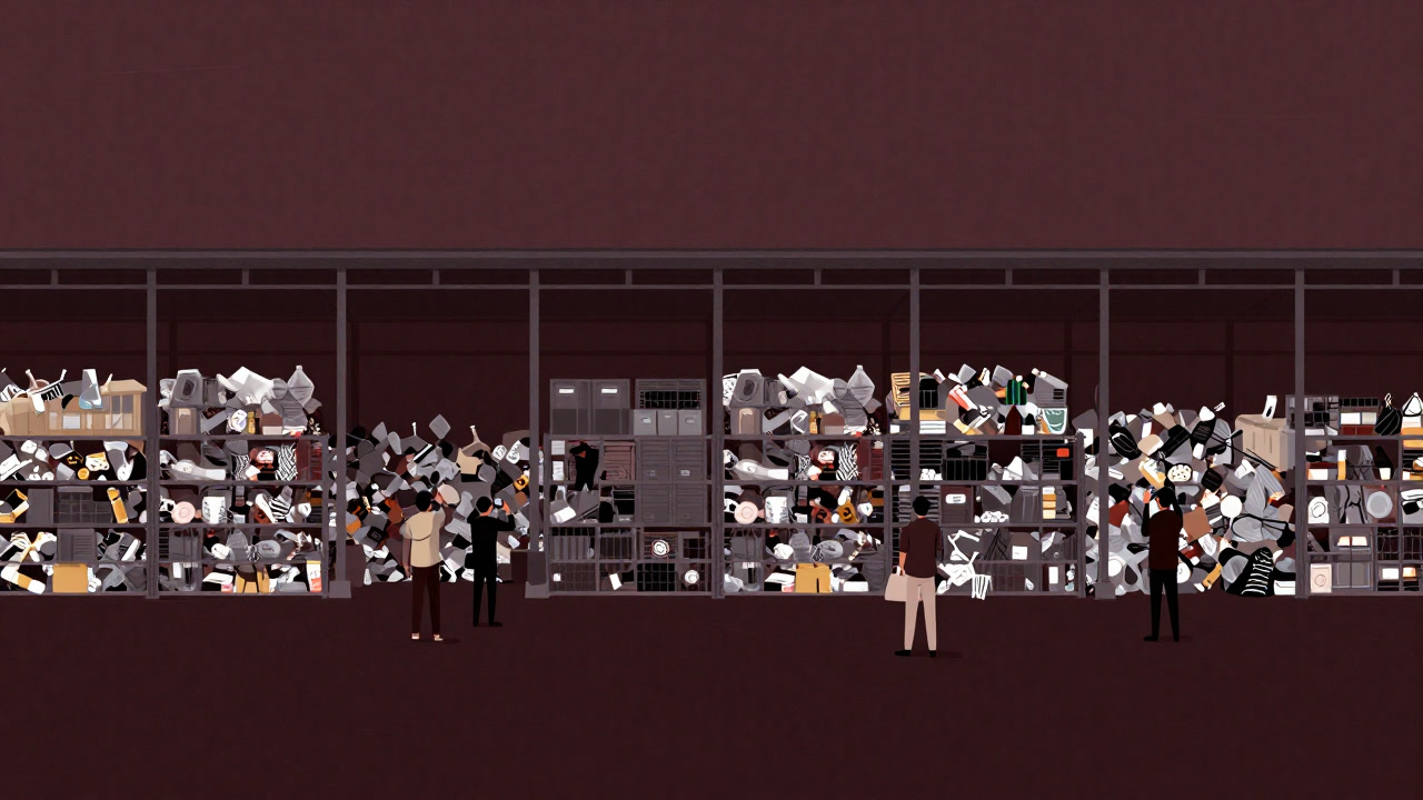 People posing for a photo amid a warehouse stacked with plastic waste, nobody cleaning up