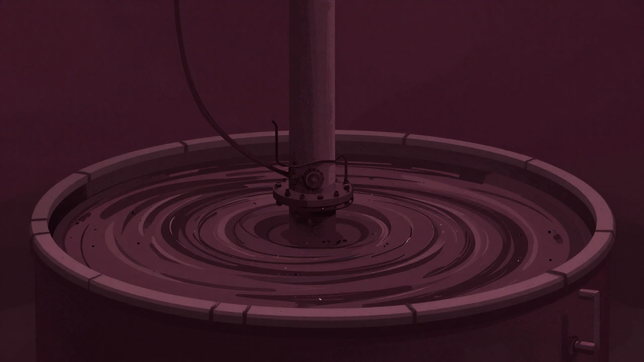 下水処理施設のタンク内で汚泥と化学薬が渦巻く様子のイラスト