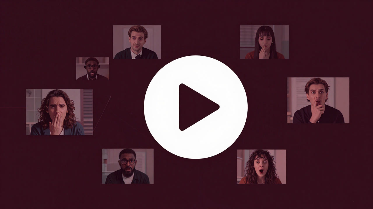 複数の顔が画面の枠に並び、中央に大きな再生ボタンが浮かぶイラスト