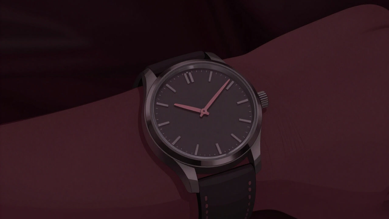 腕に巻かれた無表情な腕時計がチクタクと暗い部屋で時を刻むイメージ