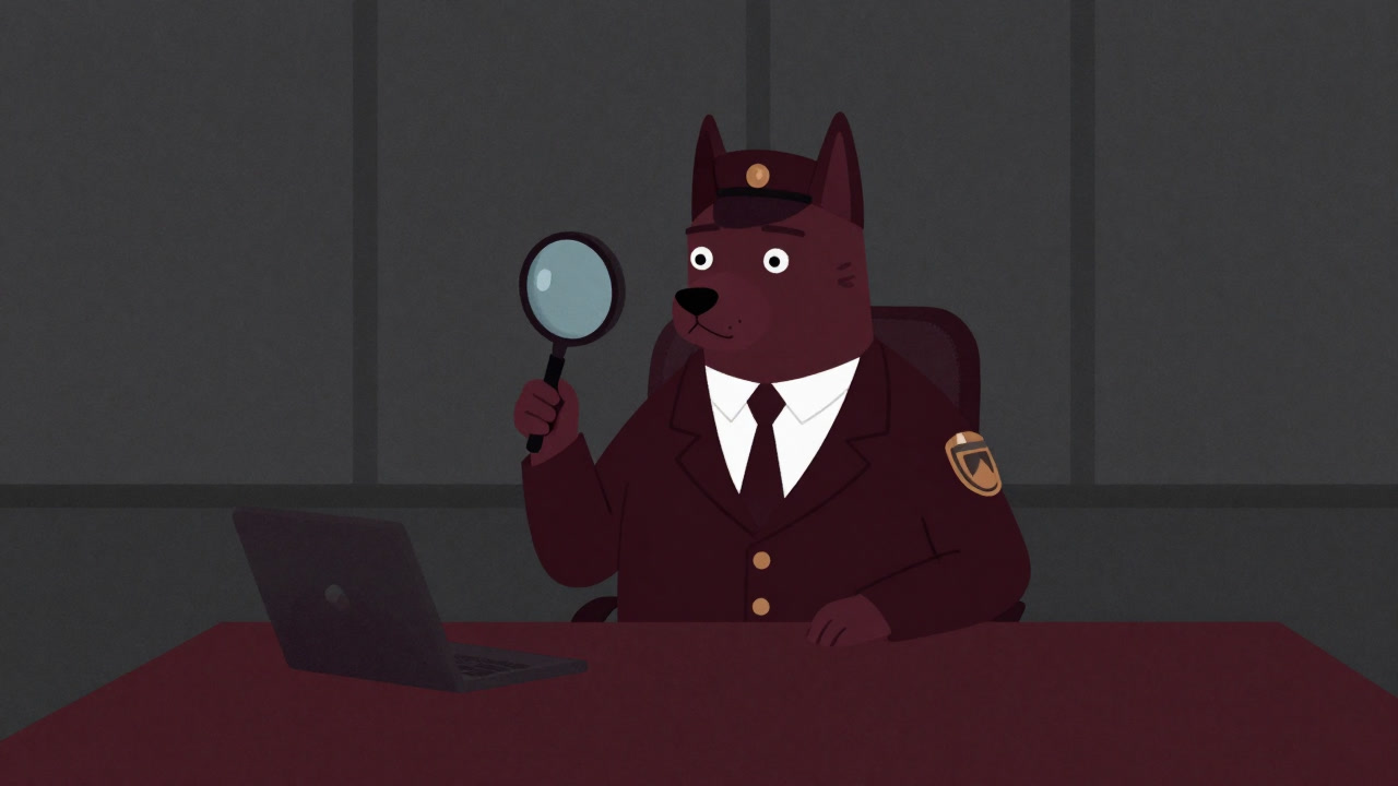 Image of a watchdog character leaning over a desk by a conference room window, holding a magnifying glass